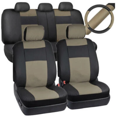 Fundas de asiento de auto de cuero PU beige y negro + cubierta de volante auto camión SUV Foto 1 de 4