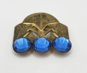 Antique Czech Art Deco Metal  Belt Sash Buckle Gold Tone Blue Glass Stones - Picture 1 of 12