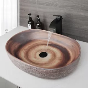 US Oval Ceramic Bathroom Sink Waterfall Faucet Deck Mount Black Pop Up Drain Tap - Bild 1 von 11