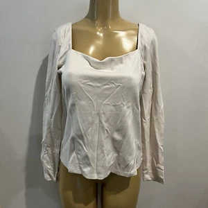 New H&M Cream Structured Blouse Sz L Corset Square Neck Long Sleeves HM H M Top - Picture 1 of 6