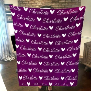 Personalized Name & Hearts Name Throw Blanket | 30x40 | 50x60 | 60x80 | Fleece - Picture 1 of 13