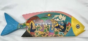 Hand-Painted Wood Fish Artist Tony Roldan Flores - Colorful Folk Art 2 Scenes - Picture 1 of 5