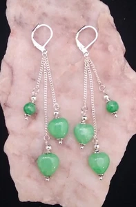 Green Jade Heart Beads , 925 Silver Leverback Earrings. Handmade In Gift Bag - Picture 1 of 5