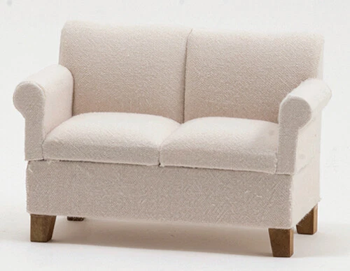 Sofá loveseat moderno miniatura para casa de muñecas en tela beige con patas de madera CLA10910 Foto 1 de 1
