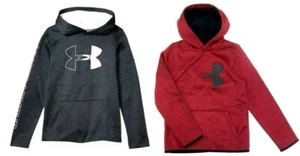 Under Armour Boy's Coldgear Fleece Logo Hoodie NWT S or L Black Burgundy - Picture 1 of 9