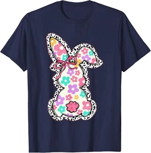 Cute Bunny Rabbit Coquette Bow Floral Girl Happy Easter Day T-Shirt Hoodie - Picture 1 of 19