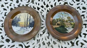 PAAR AVON KUPFER KUNSTHANDWERK LADEGERÄT ÖLGEMÄLDE 12" PLAKETTEN PLATTEN - Bild 1 von 12