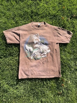 Camisa Lobo Blanca De Colección Mediana Animal Gráfico Naturaleza Vida Silvestre Camiseta Años 90 Marrón  Foto 1 de 4