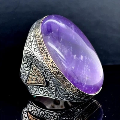 Anillo grande de piedras preciosas de amatista natural grabado en plata 925 para hombre Foto 1 de 4