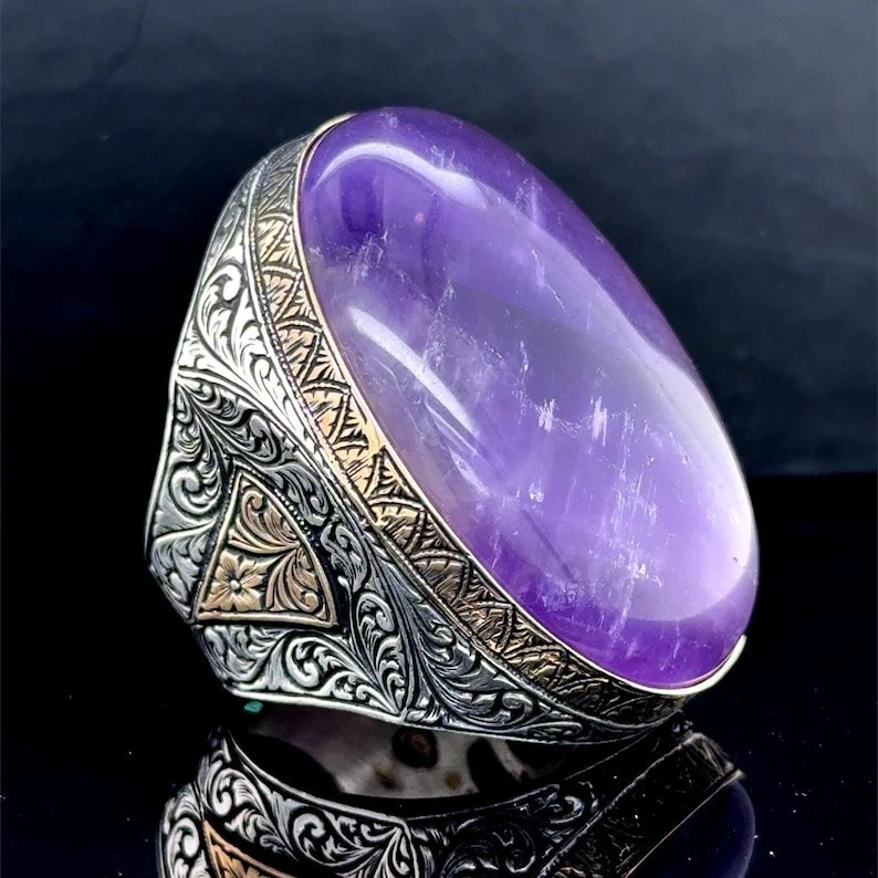 Anillo grande de piedras preciosas de amatista natural grabado en plata 925 para hombre Foto 1 de 4