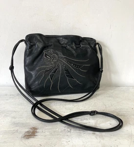 Vintage 80s Leather Handbag Black JANE SHILTON Cross Body Bag Applique Bow - Picture 1 of 7