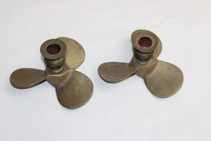 Pair of Brass Propellor Nautical Candle Holders Boat Beach Lake House Decor - Picture 1 of 6
