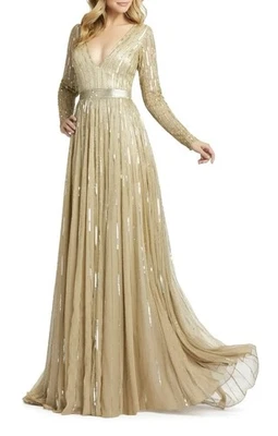 Mac Duggal Taupe Gold  Long Sleeve Sequin & Bead Stripe Gown Size 6 $598 - Image 1 of 4