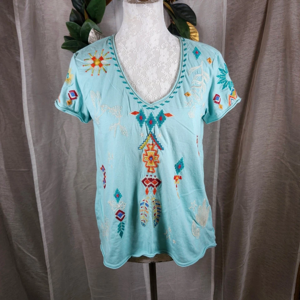 Johnny Was Embroidered Boho Top Blue Short Sleeve V-Neck Tunic Women's Small - Image 1 of 4