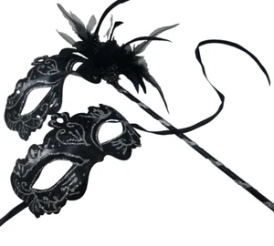 COUPLES SILVER & BLACK VENETIAN MASQUERADE PARTY CARNIVAL EYE BALL MASK ON STICK - Picture 1 of 3