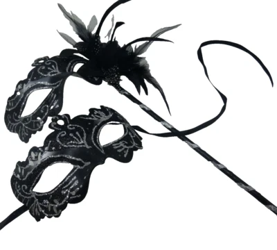 COUPLES SILVER & BLACK VENETIAN MASQUERADE PARTY CARNIVAL EYE BALL MASK ON STICK - Image 1 of 3