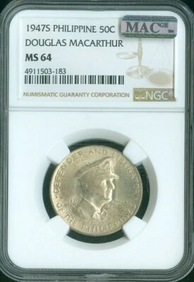 1947S Philippines Silver 50 Centavos - Douglas McArthur NGC MS-64 MAC Quality ✔️ - Image 1 of 2