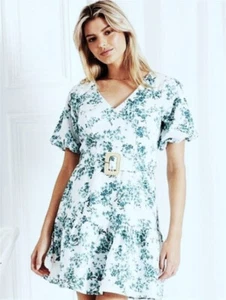 TOKITO "Botanica" European Linen Dress. White & Teal . Size 8. NWT. RRP $129.95 - Picture 1 of 6