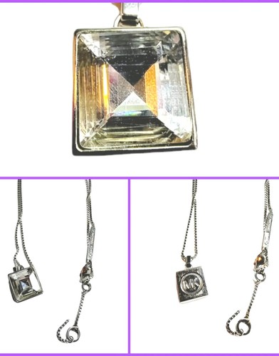 Collana Michael Kors ciondolo strass tono argento metallo logo charm catena 18"