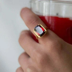 3Ct Emerald Cut Created Red Ruby Solitaire Men's Ring 14K Yellow Gold Plated - Picture 1 of 8