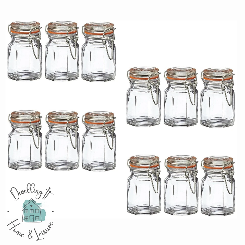 Set of 6 Glass Clip Seal Spice Jars Airtight Container Vintage Herb Storage Pots