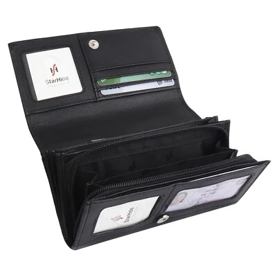 Women RFID Luxury Real Leather Long Flap over Purse Multi Card Wallet 5510 Black - Image 1 of 4