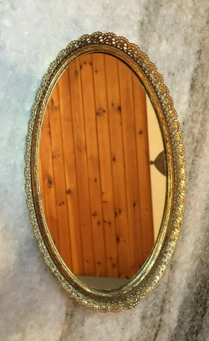 Vtg Antique Mirrored Vanity table centerpiece tray pierced gold ormolu Plateau Cover