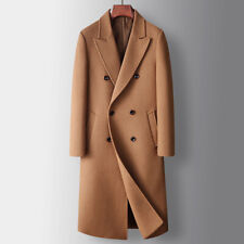 Men Double Breasted Business Woolen Blend Long Trench Coat Winter Warm Overcoat