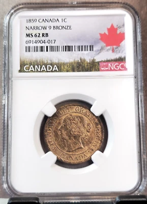1859 CANADA 1 CENT QUEEN VICTORIA NARROW 9 BRONZE NGC MS 62 RB RARE RED BROWN - Image 1 of 3