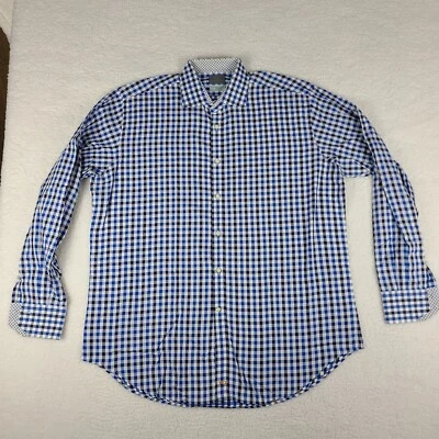 Camisa social masculina TD Thomas Dean XL azul branca xadrez algodão botão para cima - Imagem 1 de 4