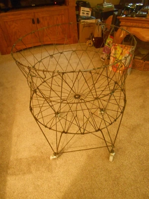 Vintage Metal Wire Laundry Basket With Wheels 23 Inches Collapsible cottage Core - Image 1 of 4