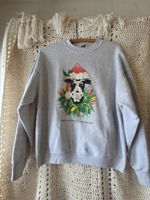 Sudadera Pullover Vintage Años 90 Vaca Navidad Fruta del Telar Mejor Cuello Redondo Foto 1 de 4