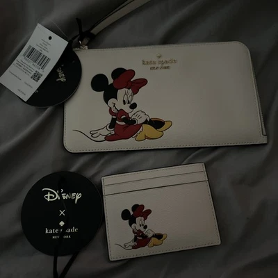 Kate Spade Medium L-Zip Wristlet Disney Minnie Mouse IvoryKG659 And Card Holder - Photo 1/4