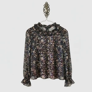 Wren & Willa · S · Bluse mit Rüschenausschnitt transparent Blumen · Polyester · Navy Multi Neu - Bild 1 von 12