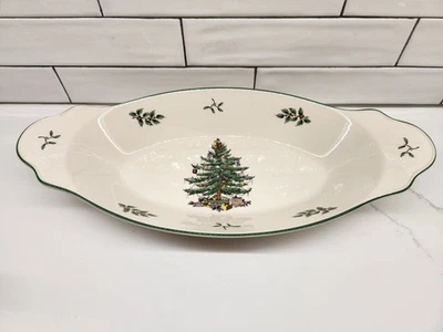 1976 Spode Christmas Tree Oval Bread Tray Bowl with Handles Made in England 15" - Image 1 of 4
