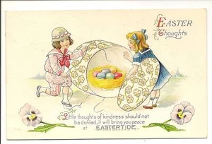 Easter Children wrap up a nest of colored eggs Postcard - Picture 1 of 1