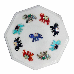 12" Marble Side Table Top Semi Precious Stones Inlay Work Handmade Home Decor - Picture 1 of 1