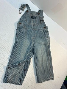 OshKosh 18 mos Jean Denim Overalls Striped Engineer Train Conductor snap crotch - Picture 1 of 10