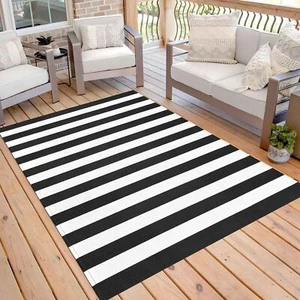 KOZYFLY Outdoor Rug Cotton Woven Washable Black and White Striped Rug Doormat - Picture 1 of 21