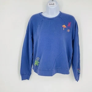 Marine Layer Small Cotton Embroidered Pullover Sweatshirt Blue Floral Mushroom - Picture 1 of 10