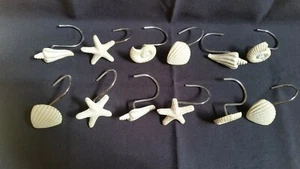 SEASHELL/STARFISH (RESIN) SHOWER CURTAIN HOOKS (METAL) 12 PIECE PRE-OWNED - Picture 1 of 9