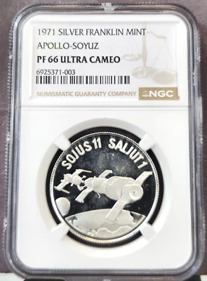 1971 GERMANY SILVER MEDAL APOLLO SOYUZ NGC PF 66 ULTRA CAMEO RARE TOP POP 1 - Image 1 of 4