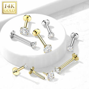 14K Solid Gold Prong CZ Threadless Push In Labret Ear Cartilage Daith 16G