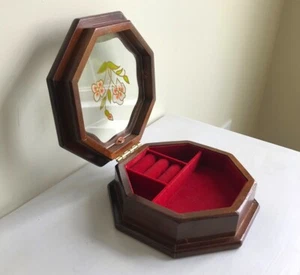 Vintage Jewelry Wooden Box Floral Stained Glass Top Red Velvet Lined Octagon - Picture 1 of 13