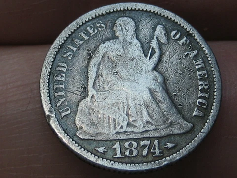 1874 P Seated Liberty Silver Dime- Philadelphia, With Arrows, VG/Fine Details Cover