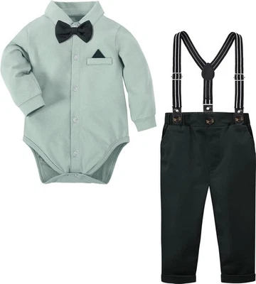 Tuta bambino verde menta ragazzo, tuta battesimo smoking outfit, camicia e pantaloni, 62 cm - Immagine 1 di 4