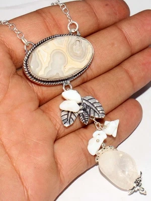 Collar de piedras preciosas con gota de piedra lunar arco iris encaje laguna mexicana con cuentas 18" GW Foto 1 de 3