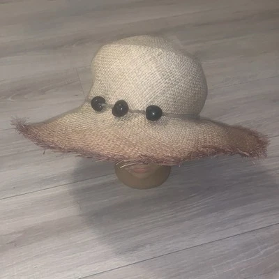 Nine West Tan Wide-Brimmed Hat with Black Beads Floppy Straw - Image 1 of 4