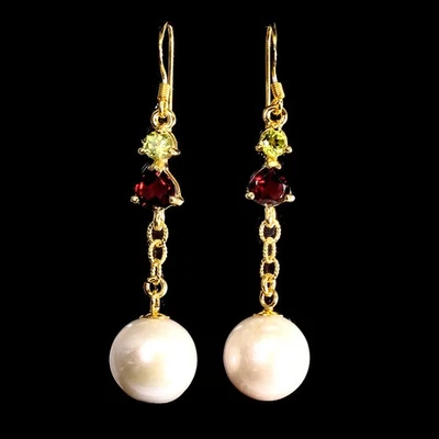 Estate 925 Orecchini Argento Cuore Mozambico Granato Perla Peridoto Gemma - Immagine 1 di 4