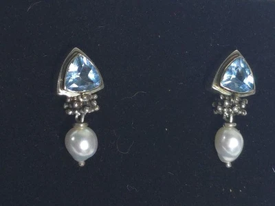 Винтажные серьги-подвески из культивированного непрозрачного жемчуга с топазом 14 карат 585 - Изображение 1 из 4